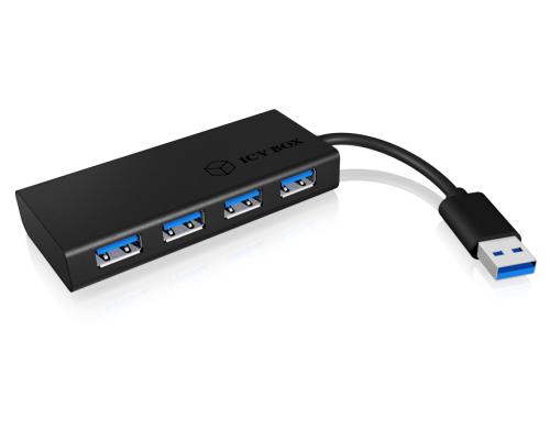 ICY BOX IB-AC6104-B, 4x USB3.0 Hub, schwarz mit integriertem Kabel, Plug & Play
