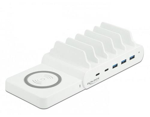 Delock Ladestation 2x USB-C PD+ 3x USB-A Weiss, Wireless-Ladefläche, 110W