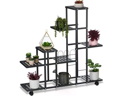 relaxdays Pflanzenständer mit Rollen 91,5 x 93 x 26 cm, Schwarz