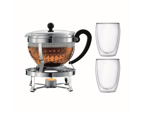 Bodum Chambord Tee Set Teebereiter 1.3 L, inkl. Rechaud 2 Pavina Gläser 0.35 L