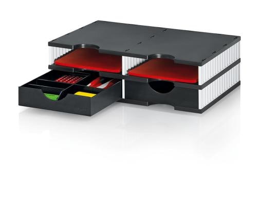 Styrodoc duo SET: 4 Fächer weiss / schwarz 2 Schubladen schwarz mit Stegen