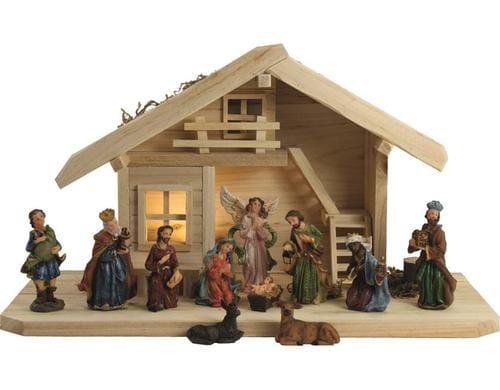 Botanic Haus Stall mit 8 cm Figuren, 12 Stk beleuchtet, 38x18,5x21.5cm, Holz, Polyresin