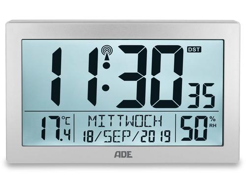 ADE Funkuhr XL, Silber, Temperaturanzeige 22.5x3.3x14.5 cm, Kunststoff, kalender