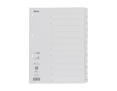 Biella Register Karton A4 1-12, 4Loch weiss, Fahnenstanzung verstärkt