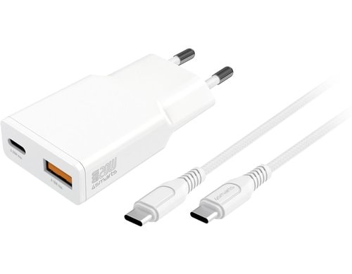 4smarts Netzladegerät PDPlug Slim Duos 20W GaN,1C und 1A + USB-C Kable 1.5m, Weiss