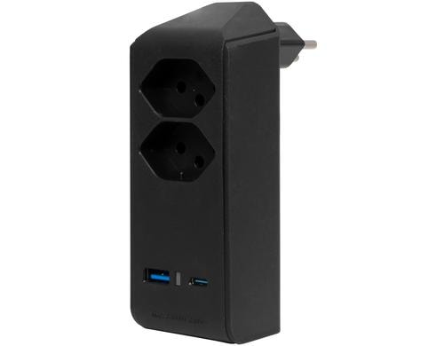 Brennenstuhl 2-fach Abzweigstecker drehbar 300 Grad, USB A/C, ohne Schalter