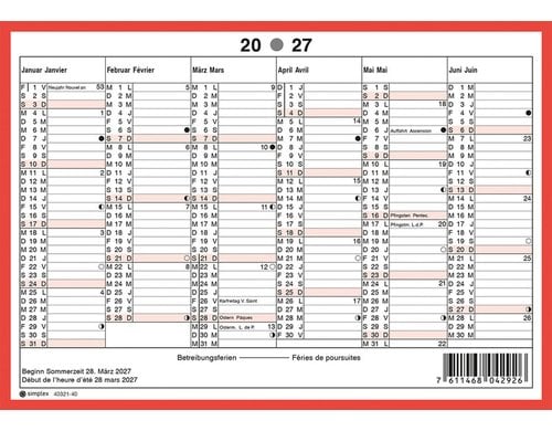 Simplex Wandkalender 2027 ohne Namenstage A5 Querformat, rot/weiss