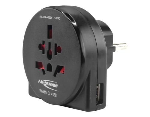 Ansmann Reisestecker World to EU + USB max. 16A, USB 5V DC