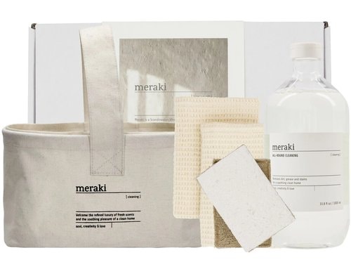 meraki Geschenset im Korb, 2 Schwämme 2 Spültücher, Universalreiniger 1L