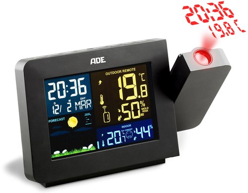 ADE Wetterstation mit Funk-Aussensensor schwarz, mit Projektion