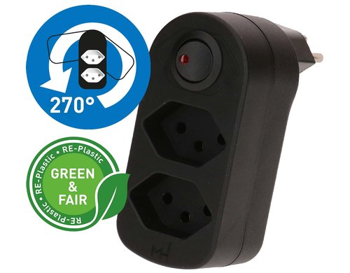Abzweigstecker ADAPT 2x Typ 13 sw drehbar Schalter Green+Fair
