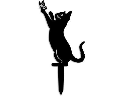 Wallxpert Gartenstecker Katze mit Schmett. Metall, 49 x 24 cm