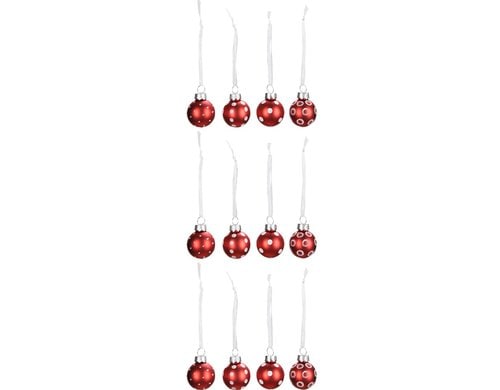 COCON Xmaskugeln rot, Box à 12 Stk. Glas, D3cm + Hänger 6cm, gepunktet