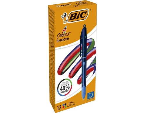 Bic 4 Colours Kugelschreiber Smooth Box 12 Stück, blau, schwarz, rot, grün, 1.0mm