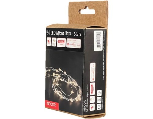 Dameco LED Micro Lichterkette Sternen 110cm 50 LED ww, inkl. Timer 6/18h, exkl. 3xAA