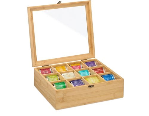 relaxdays Teebeutel-Box Bambus, 12 Fächer, Braun