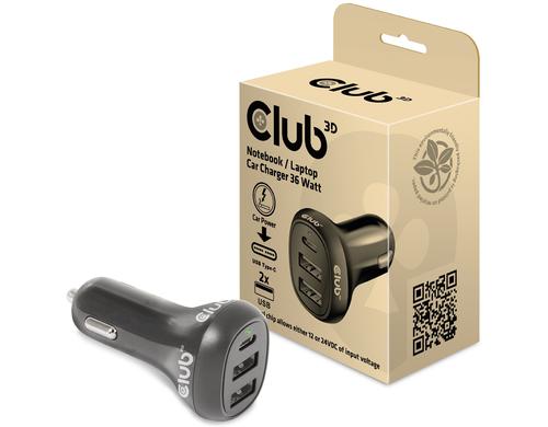 Club 3D, KFZ-Ladegerät 36W 1x USB Typ-A Buchse, 2x USB Typ-C Buchse