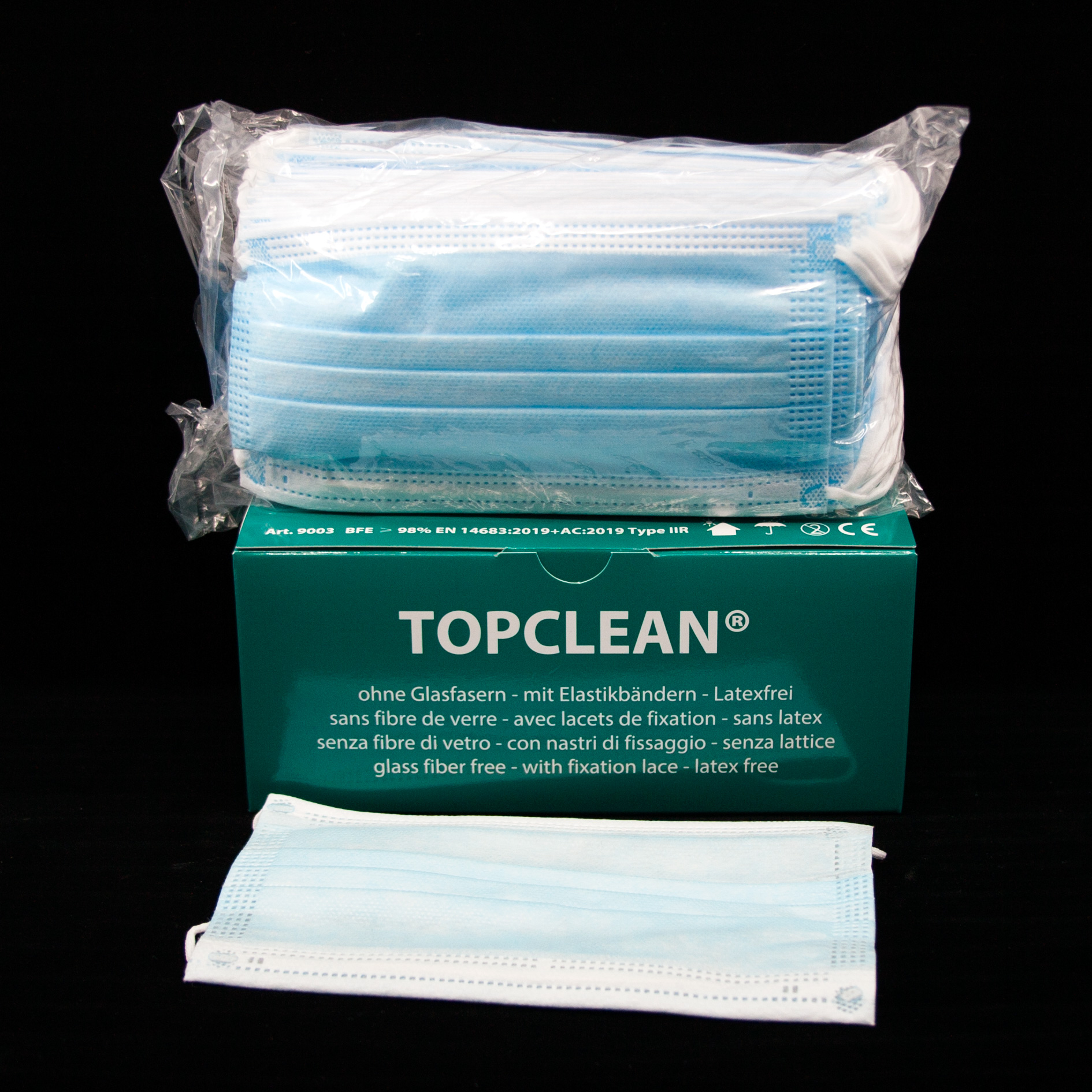 TOPCLEAN Chirurgenmasken Type IIR 50 Stk. Art. 9003 EN14683 blau ohne Glasfasern TOPCLEAN Chirurgenmasken Type IIR 50 Stk. Art. 9003 EN14683 blau ohne Glasfasern