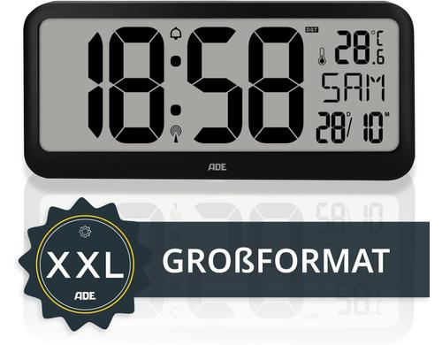 ADE Funkuhr mit XXL-Anzeige, Schwarz Temp.,Kalender,Kunststoff, 37.1x16.9x2.5