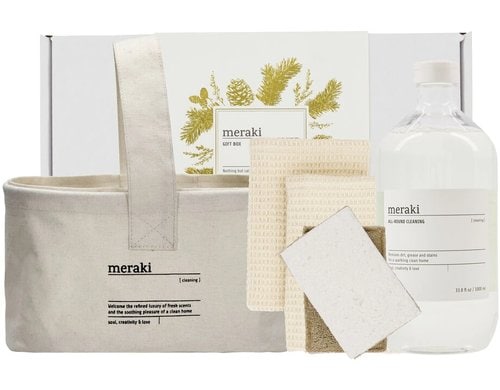 meraki Geschenset im Korb, 2 Schwämme 2 Spültücher, Universalreiniger 1L