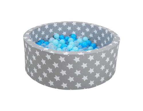 Bällebad soft - Grey white stars 300 balls/soft blue/blue/transparent