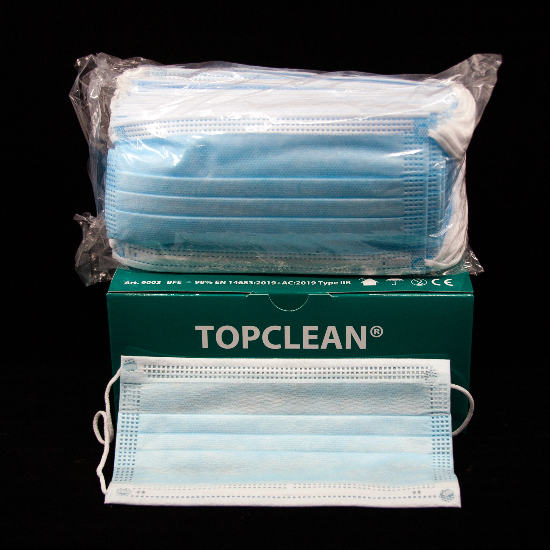 TOPCLEAN Chirurgenmasken Type IIR 50 Stk. Art. 9003 EN14683 blau ohne Glasfasern TOPCLEAN Chirurgenmasken Type IIR 50 Stk. Art. 9003 EN14683 blau ohne Glasfasern