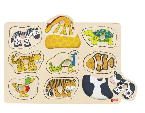 Goki Steckpuzzle Was gehört zu wem? 30 x 21 cm, Holz, 9 Teile