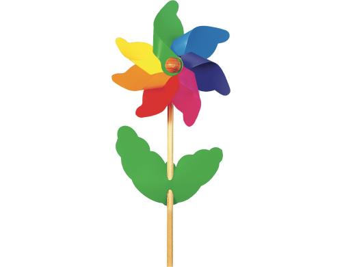 GIOBAS Windrad Blume klein, farbig  21 cm, Kunststoff, mit Holzstab L: 58 cm