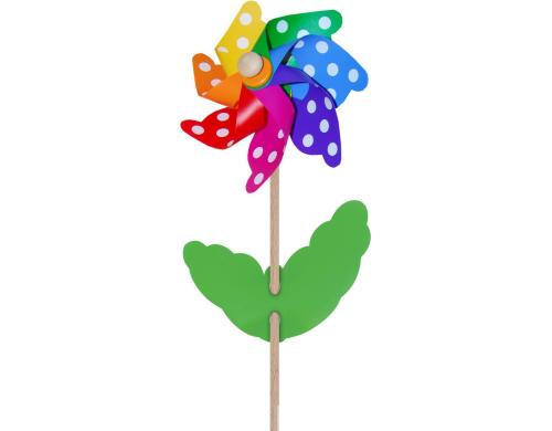 GIOBAS Windrad Blume mit Punkten, farbig  21 cm, Kunststoff, mit Holzstab L: 58 cm