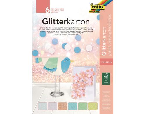 Folia Glitterkarton Pastell 6 Blatt  300g/m2, 17.4 x 24.5 cm