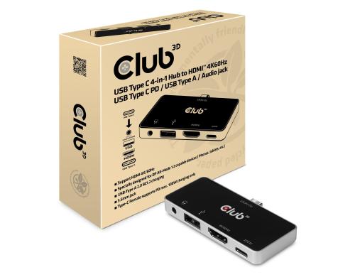 Club 3D, USB 4-in-1 Hub Typ C 4K60Hz USB Typ-A 2.0, 3.5mm Audio, USB Typ C