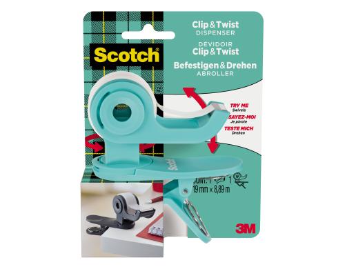 3M Scotch Abroller Clip & Twist trkis inkl. 1 Rollen Klebeband Magic 19mm x 8.9 m
