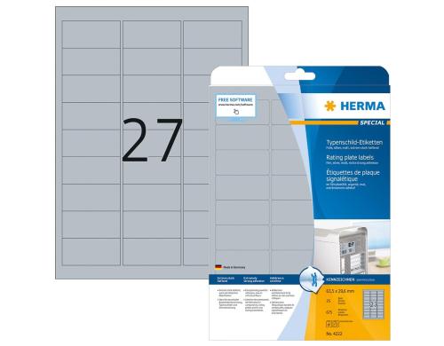 Herma Typenschild-Etiketten 4222 63.5x29.6 675 Etiketten, A4, 25 Blatt, silber