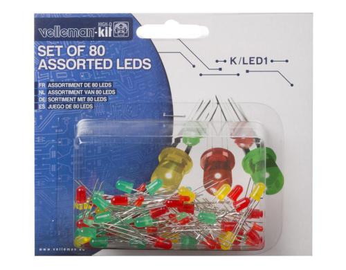 Velleman K/LED1 Sortiment mit 80 LEDs Menge: 80 Stück, rot, grün, gelb