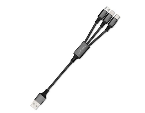 4smarts USB Ladekabel,2.4A, schwarz, 20cm Textil,3in1, USB-A - USB-C,MicroB,Lightning