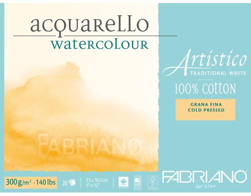 Fabriano Aquarellp. Artistico Trad.White 300g/m2, 20 Bl, Kalt gepresst, 23 x 30.5cm