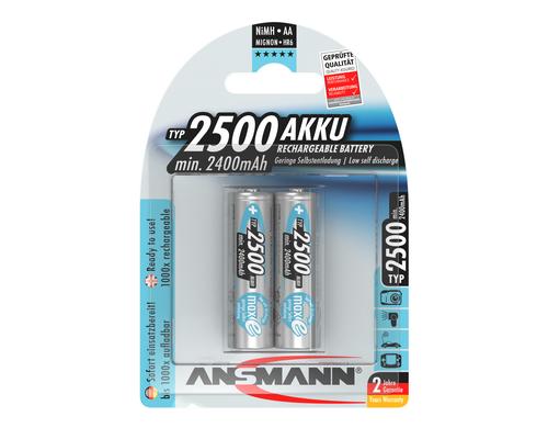 Ansmann Akku AA NIMH 2500 2er min. 2400 mAh, 1.2V, maxE Technologie, 2er
