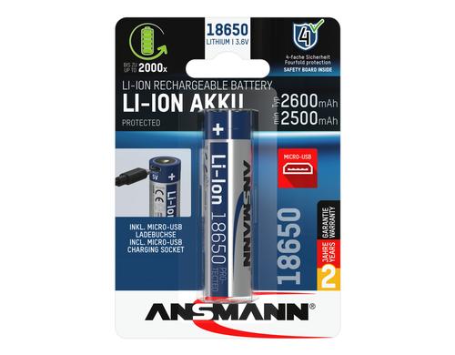 Ansmann Akku Li-Ion 18650 2600 Micro-USB min. 2500 mAh, 3.6V, 9.36 Wh, Micro-USB