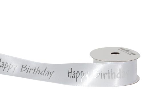 Spyk Geschenkband Cubino Happy Birthday weiss-silber, Breite: 25 mm, Lnge: 3 m