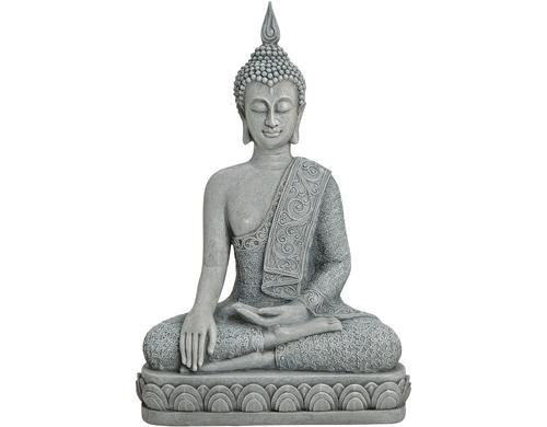 G. Wurm Buddha sitzend auf Sockel Grau, Polyresin, 39x26x14 cm (HxBxT)