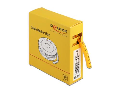 Delock Kabelmarker-Box, Nr.3, 500 Stck Kabelmarker mit Nummer 3, 500 Stk, Gelb