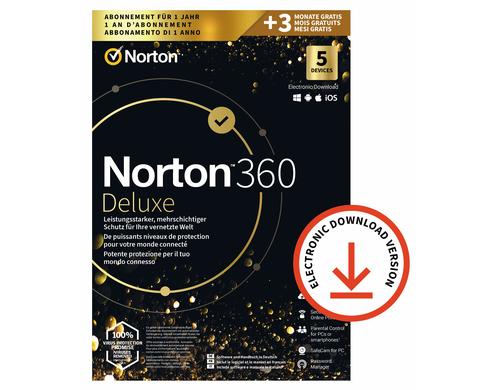 Norton 360 Deluxe ESD, Voll, 5 PC, 15M, ML - GOLD Ed. PROMO
