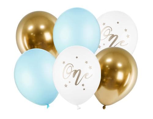 Partydeco Ballons One, pastell-blau weiss, gold, D: 30 cm, 6 Stck