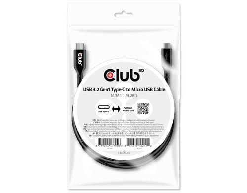 Club 3D, USB 3.2 Type-C auf micro USB Kabel, 1.0 Meter