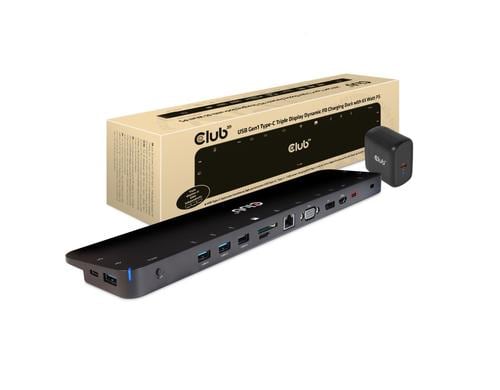 Club 3D, Dockingstation USB C 65W Lade HDMI, DP, USB, RJ45, Audio, VGA, SD, Stereo