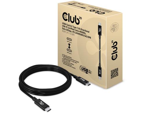 Club 3D, USB4 Gen2x2 Typ-C Kabel 4K60Hz Kabel, 2.0 Meter, Daten 20Gbps, PD 240W