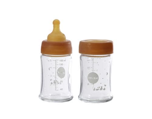 Hevea Baby Glasflasche 150ml / 2 Stk. Inkl. Sauger slow flow + Vakuumdeckel