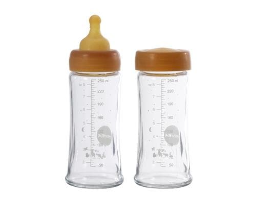 Hevea Baby Glasflasche 250ml / 2 Stk. Inkl. Sauger medium flow + Vakuumdeckel