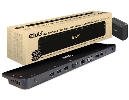 Club 3D, Dockingstation Typ-C Dreifach disp Ausgang:HDMI, DP, USB, RJ45, Audio, VGA
