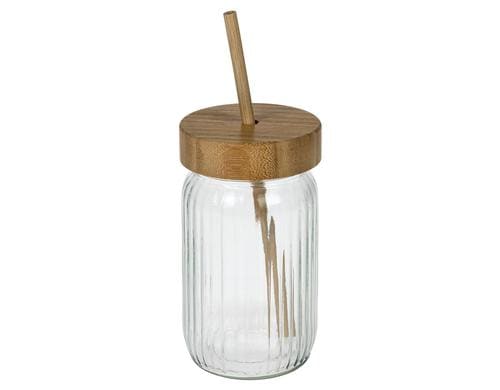 FURBER Trinkglas Bambus mit Deckel und Strohhalm